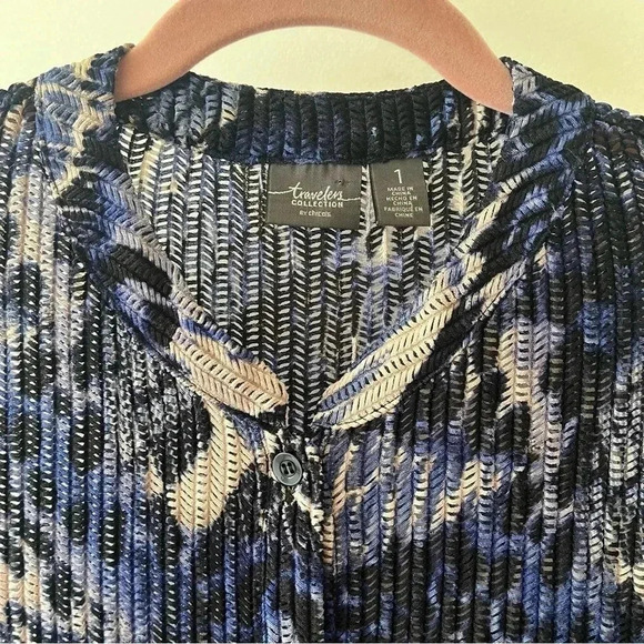 Chico’s Travelers Geo Leopard Tunic Shirt Womens 8 Long Blue Jacket Swim Cover - Picture 2 of 8